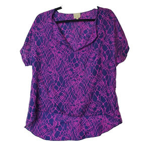 Postella Small Women 100% Silk Top Printed Draped Neckline Pink‎ Short Sleeve